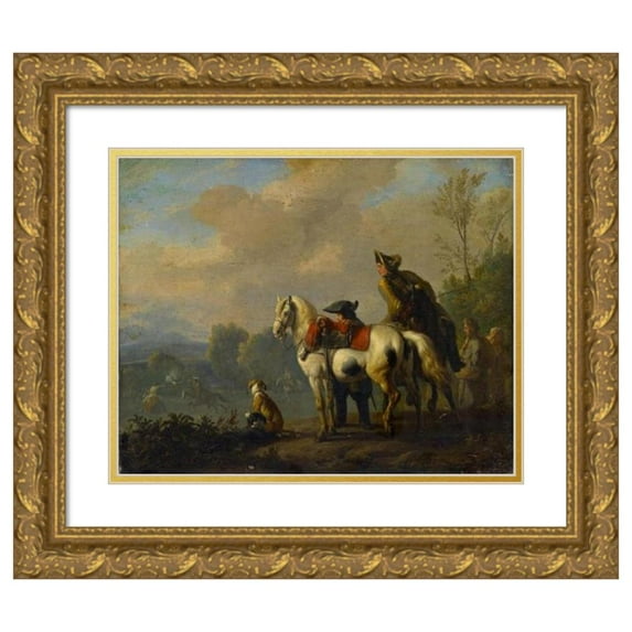 Jan Van Huchtenburg 14x12 Gold Ornate Wood Frame and Double Matted Museum Art Print Titled - A Duel on Horseback