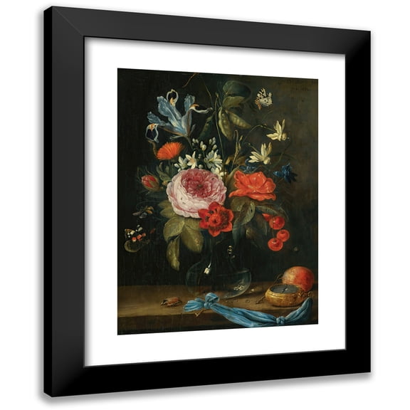 Jan Van Kessel The Elder 11x14 Black Modern Framed Museum Art Print Titled - Still Life with Flowers in a Glass Vase