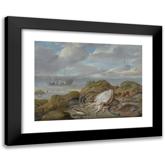 Jan Van Kessel The Elder 24x19 Black Modern Framed Museum Art Print Titled - Still Life with Cuttle Fish, Plaice, Cod, Mussels and Other Fish on a Dune, a Church Across a River Estuary Beyon