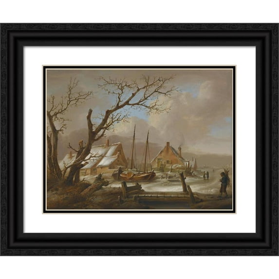 Jan Van Os 18x15 Black Ornate Wood Framed Double Matted Museum Art Print Titled - A Winter Landscape
