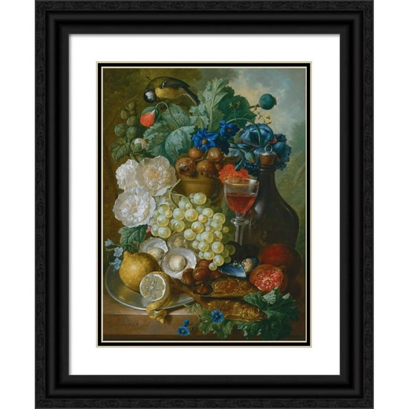 Jan Van Os 19x24 Black Ornate Framed Double Matted Museum Art Print Titled: Still Life with Fruit and Flowers, Together with Oysters, Mussels, a Glass of Wine, a Decanter and Other