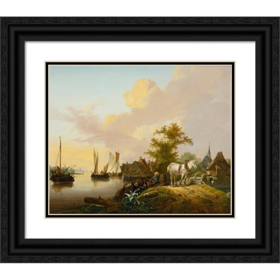 Jan Van Os 24x20 Black Ornate Framed Double Matted Museum Art Print Titled: Peasants Unloading Cargo