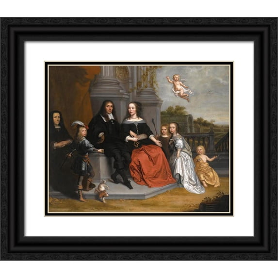 Jan Victors 14x12 Black Ornate Wood Framed Double Matted Museum Art Print Titled: A Portrait of a Family Within a Formal Garden Setting, the Husband and Wife Seated Beneath Two Fluted Pillar