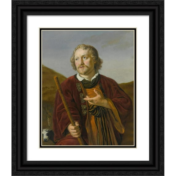 Jan Victors 20x24 Black Ornate Framed Double Matted Museum Art Print Titled: A Shepherd with His Staff, His Herd Beyond