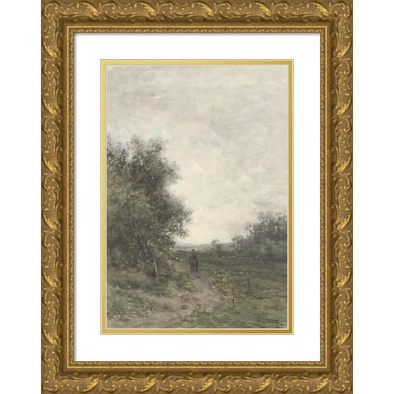 Jan Vrolijk 18x24 Gold Ornate Framed and Double Matted Museum Art Print Titled - Landscape with a Rider and a Herd of Sheep with Shepherd (1856 - 1894)