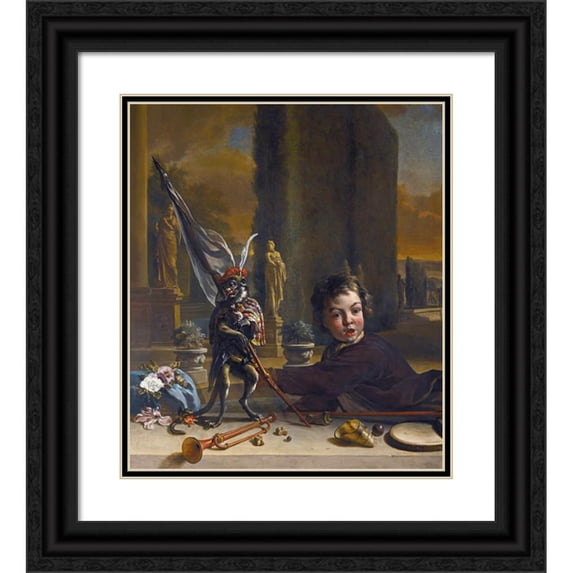 Jan Weenix 12x14 Black Ornate Wood Framed Double Matted Museum Art Print Titled: A Trompe L’Oeil With a Boy and a Monkey, a Formal Italianate Garden Beyond
