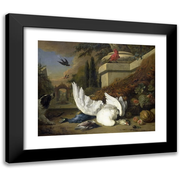 Jan Weenix 14x12 Black Modern Framed Museum Art Print Titled - A Dog with a Dead Goose and Peacock (A Study of Game and Fruit) (C. 1700)