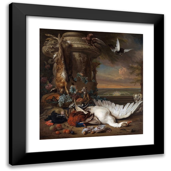 Jan Weenix 15x16 Black Modern Framed Museum Art Print Titled - Hunting and Fruit Still Life Next to a Garden Vase, with a Monkey, Dog and Two Doves (1714)