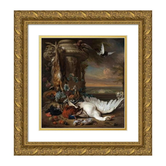 Jan Weenix 15x16 Gold Ornate Wood Frame and Double Matted Museum Art Print Titled - Hunting and Fruit Still Life Next to a Garden Vase, with a Monkey, Dog and Two Doves (1714)