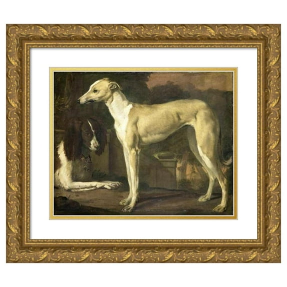 Jan Weenix 18x15 Gold Ornate Wood Frame and Double Matted Museum Art Print Titled - Portrait of a Greyhound and Spaniel (1665 - 1680)
