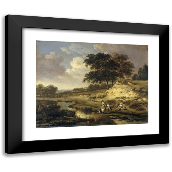 Jan Wijnants 14x12 Black Modern Framed Museum Art Print Titled - Landscape with a Rider Watering His Horse (1655 - 1684)