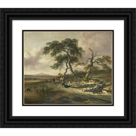 Jan Wijnants 14x12 Black Ornate Wood Framed Double Matted Museum Art Print Titled: Landscape with a Peddler and Woman Resting (1669)