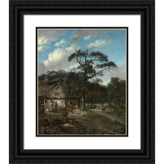 Jan Wijnants 15x17 Black Ornate Wood Framed Double Matted Museum Art Print Titled - Wooded Landscape with a Boy and Animals Near a Cottage