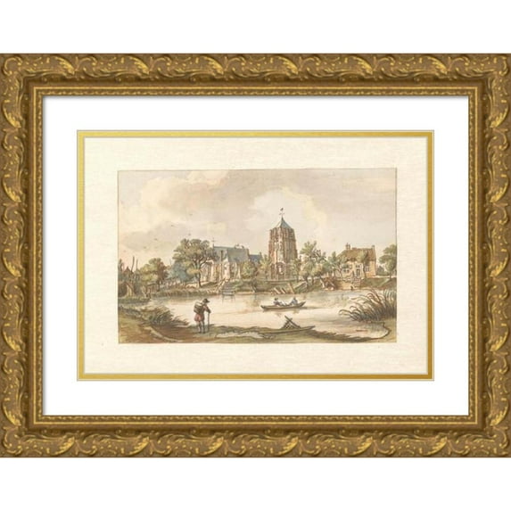 Jan de Beijer 18x14 Gold Ornate Wood Frame and Double Matted Museum Art Print Titled - View of Acquoy on the Linge (1750)