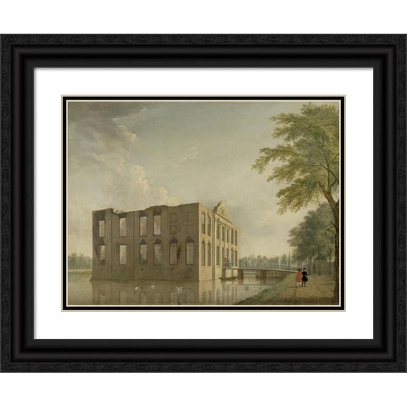 Jan ten Compe 14x12 Black Ornate Wood Framed Double Matted Museum Art Print Titled: Berckenrode Castle in Heemstede After the Fire (1747)