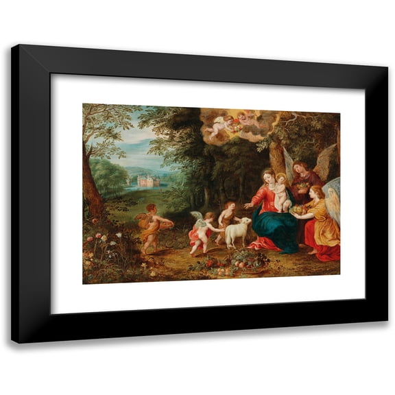 Jan van Balen 14x11 Black Modern Framed Museum Art Print Titled - The Holy Family with the Infant Saint John and Angels in a Wooded Landscape with a Moated Castle in the Background