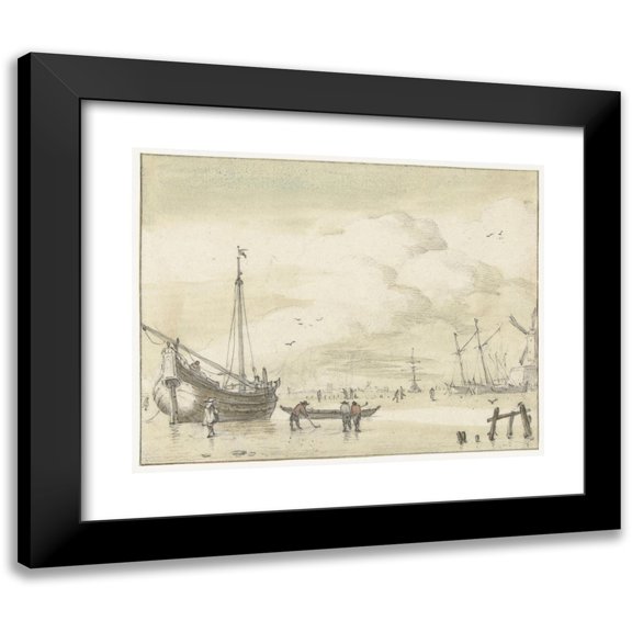 Jan van Call the elder 14x12 Black Modern Framed Museum Art Print Titled - Winter Face, Jan Van De Cappelle, 1634 - 1700