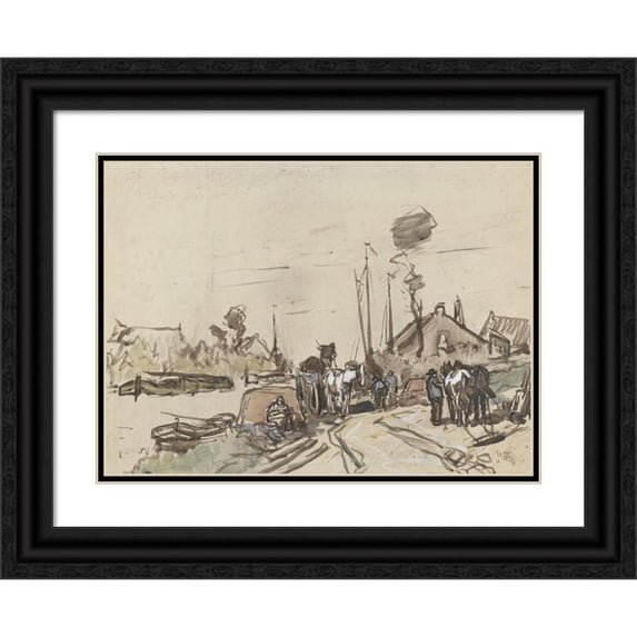 Jan van Essen 14x11 Black Ornate Wood Framed Double Matted Museum Art Print Titled: Unloading Carts at a Vaart (1864 - 1936)