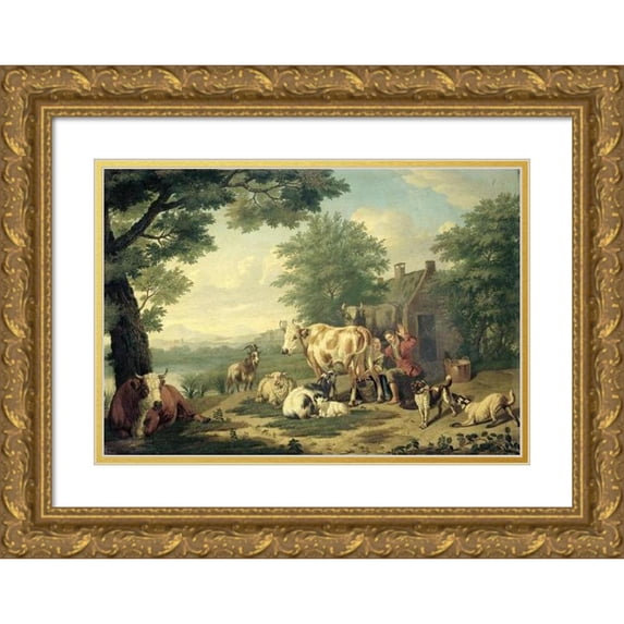 Jan van Gool 24x17 Gold Ornate Framed and Double Matted Museum Art Print Titled - Milking Time (1710 - 1763)