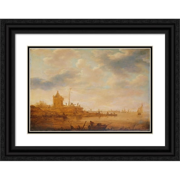Jan van Goyen 18x14 Black Ornate Wood Framed Double Matted Museum Art Print Titled - River View with Sentry Post (1644)