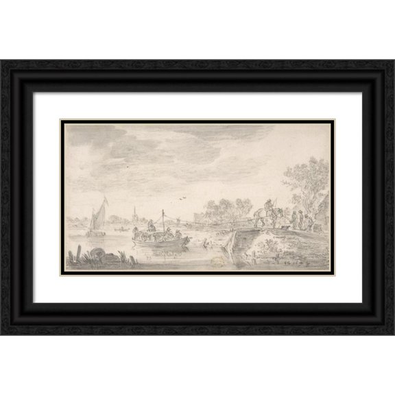 Jan van Goyen 24x15 Black Ornate Framed Double Matted Museum Art Print Titled: River Scene with Towboat (1653)