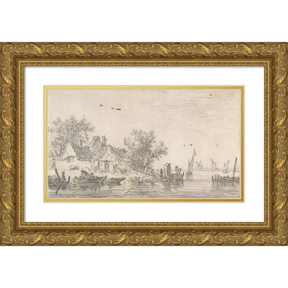Jan van Goyen 24x15 Gold Ornate Framed and Double Matted Museum Art Print Titled - A River Estuary (Early 17th-Mid 17th Century)