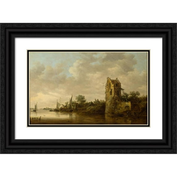 Jan van Goyen 24x16 Black Ornate Framed Double Matted Museum Art Print Titled: Riverside with an Old Tower (1645)