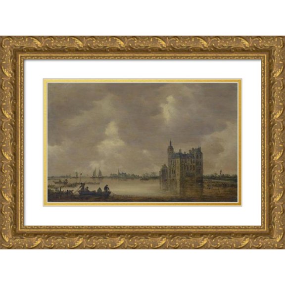 Jan van Goyen 24x17 Gold Ornate Framed and Double Matted Museum Art Print Titled - A Castle by a River (1647)