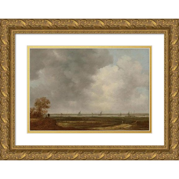 Jan van Goyen 24x18 Gold Ornate Framed and Double Matted Museum Art Print Titled - Panoramic View of a River with Low-Lying Meadows (In or After 1644)