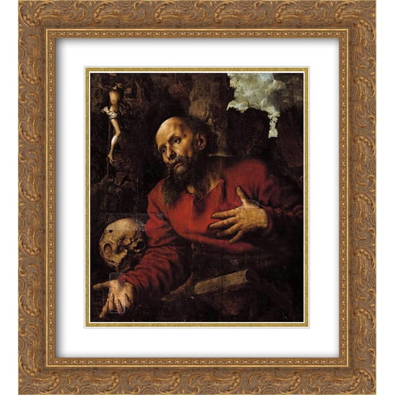 Jan van Hemessen 2x Matted 20x24 Gold Ornate Framed Art Print 'St. Jerome praying before a rocky grotto'