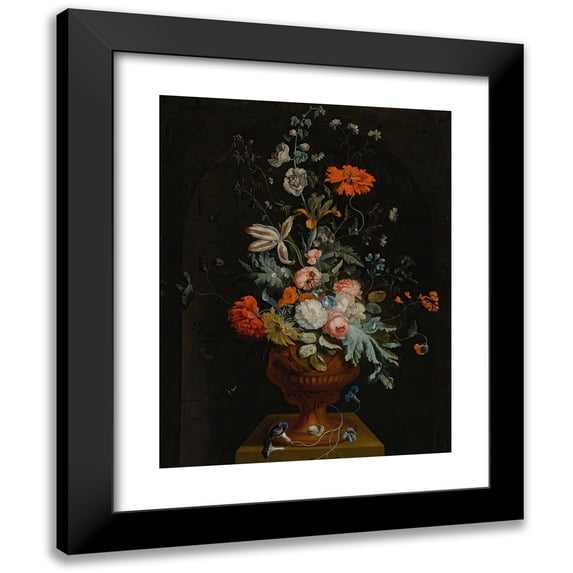 Jan van Huysum 12x14 Black Modern Framed Museum Art Print Titled - Still Life of Flowers in a Terracotta Vase Before a Stone Niche