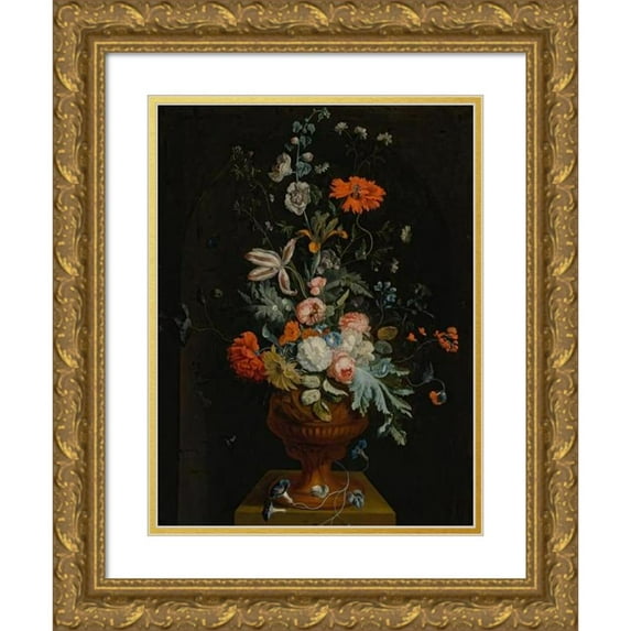 Jan van Huysum 12x14 Gold Ornate Wood Frame and Double Matted Museum Art Print Titled - Still Life of Flowers in a Terracotta Vase Before a Stone Niche