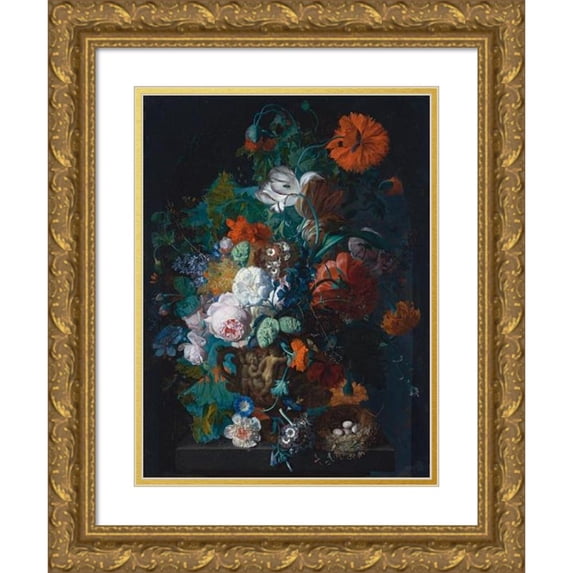 Jan van Huysum 19x24 Gold Ornate Framed and Double Matted Museum Art Print Titled - Still Life of Roses, Tulips, Peonies and Other Flowers in a Sculpted Stone Vase, Together with a Bird's Ne