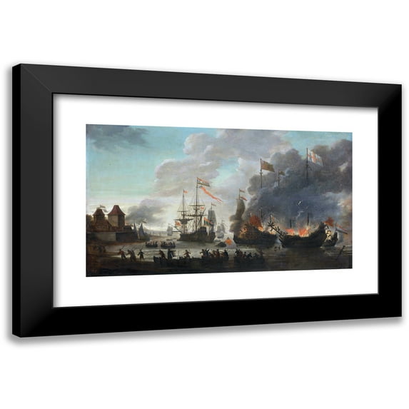 Jan van Leyden 18x12 Black Modern Framed Museum Art Print Titled - The Dutch Burning English Ships During the Dutch Raid on the Medway, 20 June 1667 (1667 - 1669)