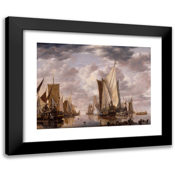Jan van de Cappelle 14x12 Black Modern Framed Museum Art Print Titled - Shipping in a Calm at Flushing with a States General Yacht Firing a Salute