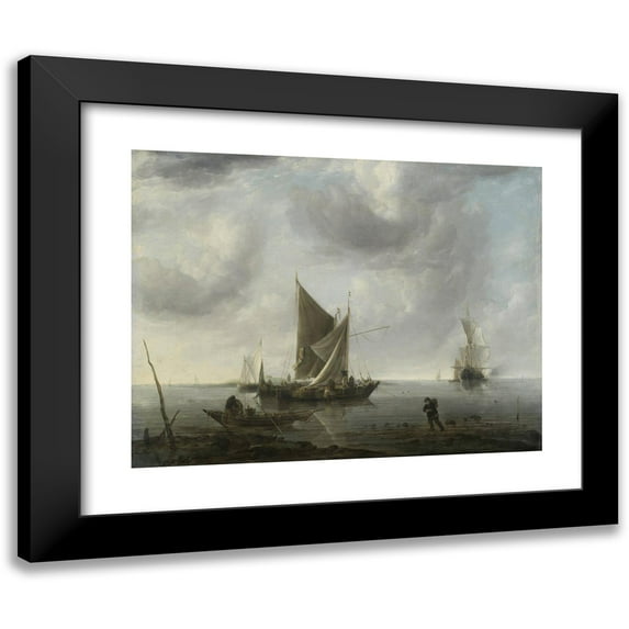 Jan van de Cappelle 24x19 Black Modern Framed Museum Art Print Titled - Ships at Anchor on a Quiet Sea (C. 1640 - C. 1679)