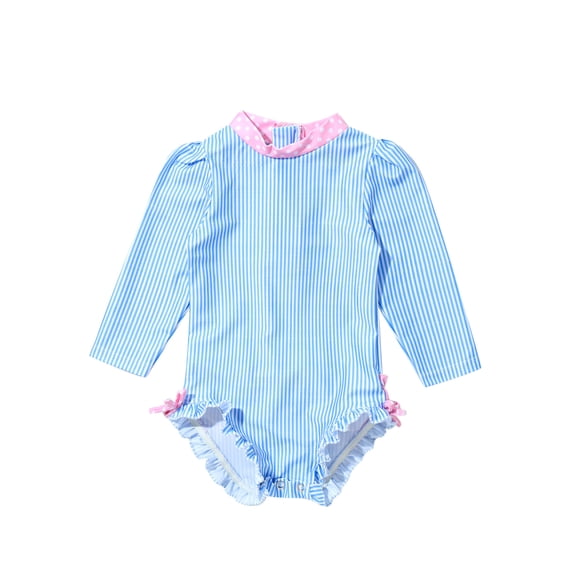JanJean Baby Girls One Piece Zipper Swimwear Long Sleeve Ruffle Floral Print Swimsuit Bathing Suit Rash Guard Blue White 6-12 Months
