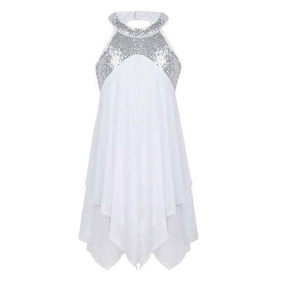 JanJean Big Girls Halter Sequined Lyrical Dance Dress Skating Perfomance Dance wear Costumes Leotard Ivory 10