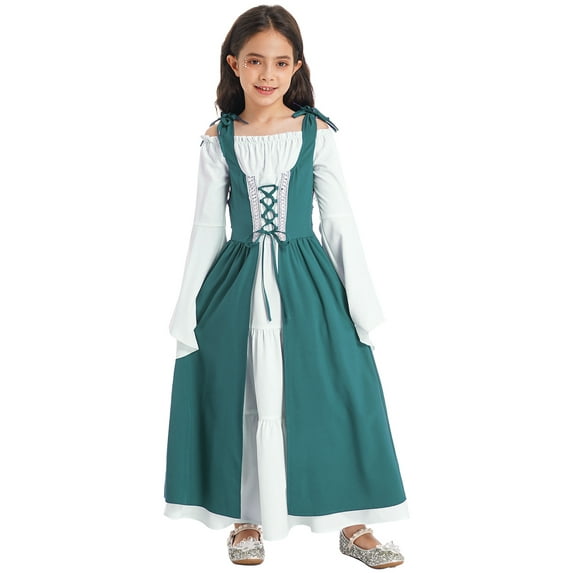 JanJean Big Girls Renaissance Princess Costume Medieval Ball Gown Off Shoulder Ruffles Maxi Dress Green 12