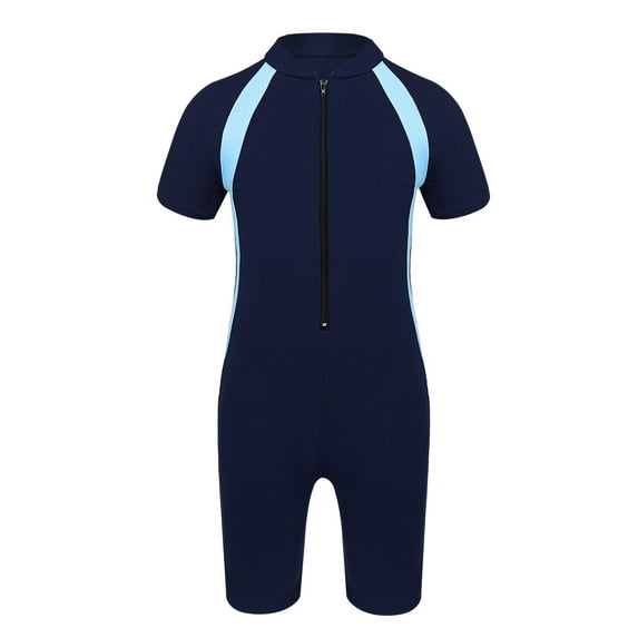 JanJean Boys Girls Swimwear Short Sleeve Zipper Front Bathing Suit Shorty One Piece Rash Guard Swimsuits Wetsuit Navy Blue 8