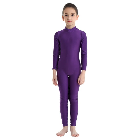 JanJean Boys Girls Turtleneck Long Sleeve One Piece Unitard Full Body Cover Catsuit Gymnastic Dance Leotard Purple 5-6
