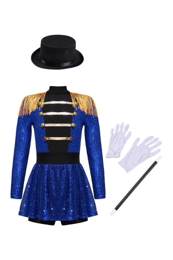 Circus Ringmaster Costume for Kids Girl Long Sleeve Sequin Tassels Unitard Dancewear Blue 16