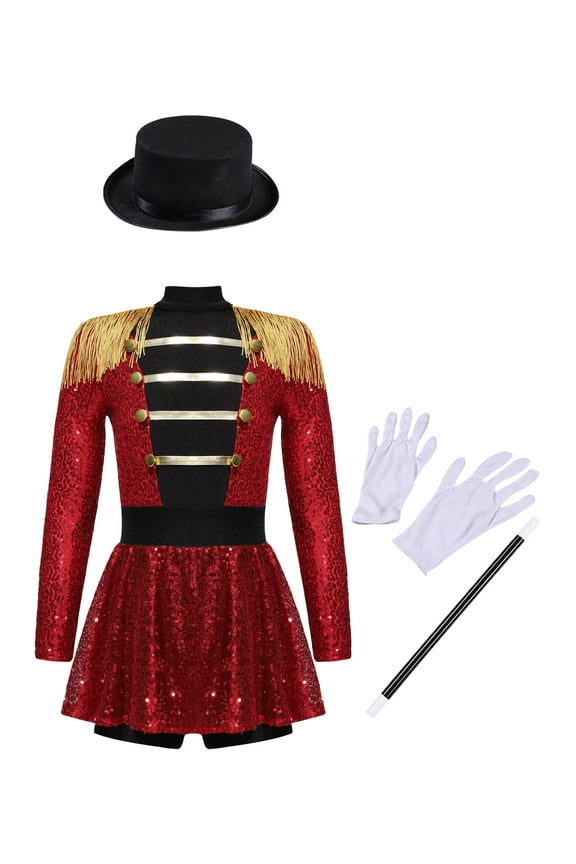 Circus Ringmaster Costume for Kids Girl Long Sleeve Sequin Tassels Unitard Dancewear Red 6