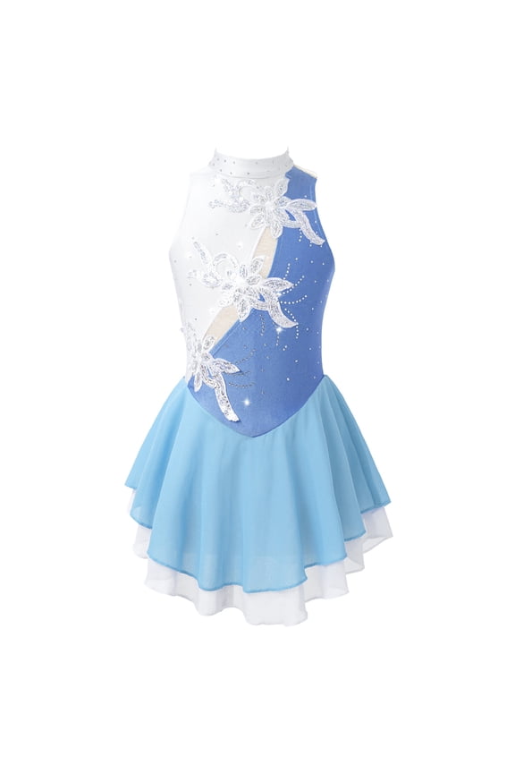 Figure Skating Dress Girls Roller Skating Dress Shiny Rhinestone Ballet Dance Competition Light Blue 6