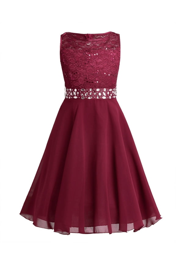 Flower Girls Dress Sequins Rhinestone Bridesmaid Chiffon Dress Wedding Party Prom Dress Ball Gown Red 10