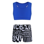 JanJean Girls 2 Piece Dance Outfit Gymnastics Racer Back Crop Top with Boyshort Sport Athletic Dancewear Blue&Black 8-10