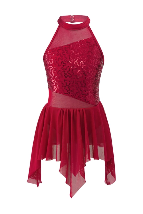 Girls Ballet Dance Leotard Dress Sequins Lyrical Dress Modern Contemporary Ballroom Dancewear Burgundy 8