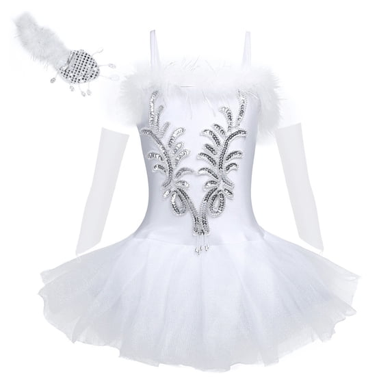 JanJean Girls Ballet Dance Outfit Faux Fur Sequins Swan Tutu Dress with Fingerless Gloves Hair Clip White 10