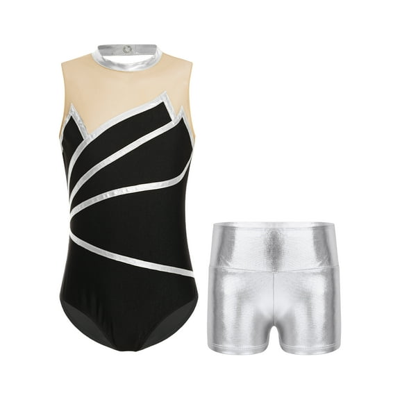 JanJean Girls Ballet Ice Skating Outfit Metallic Sleeveless Gymnastic Yoga Bodysuit with Shorts Silver 6
