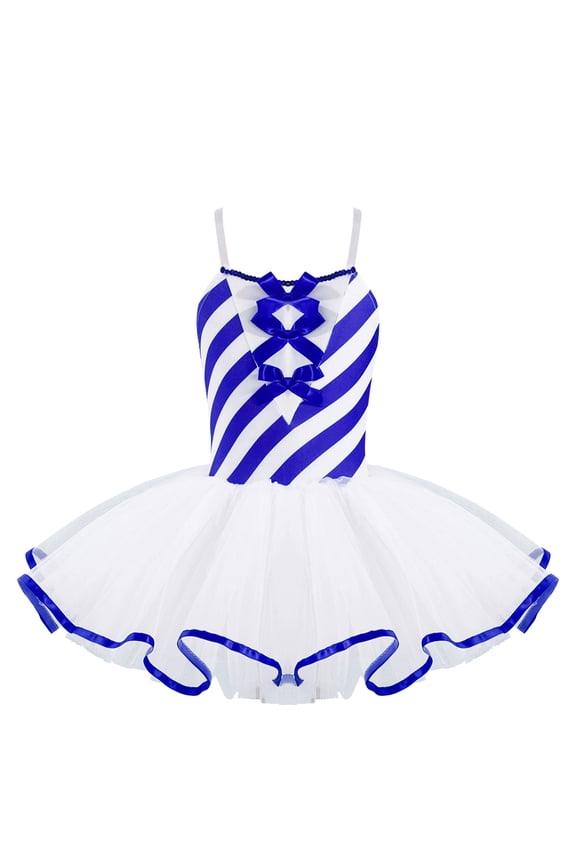 Girls Candy Cane Bowknot Mesh Ballet Tutu Dress Figure Ice Skating Leotard Dress Christmas Blue 8